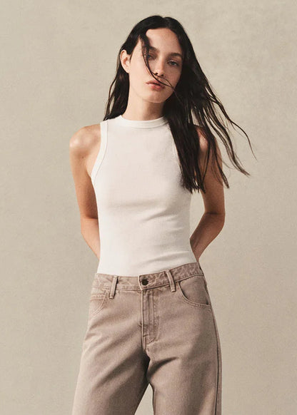 person wearing enza costa womens Cashmere Rib Tank in Off White