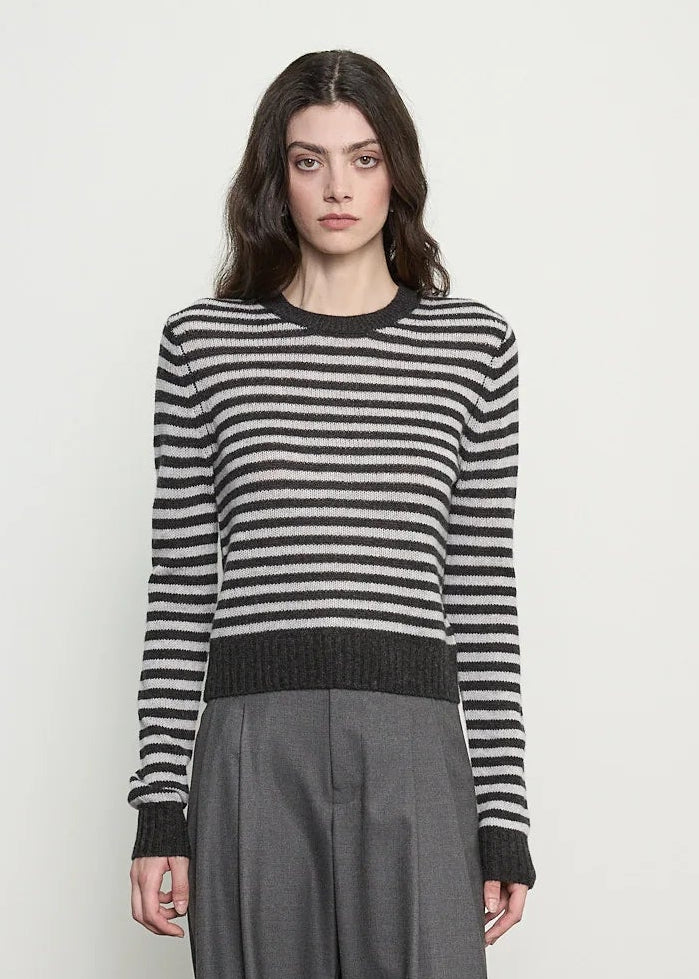 person wearing enza costa womens Cashmere Shrunken Crewneck Stripe Sweater