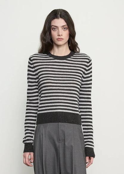 person wearing enza costa womens Cashmere Shrunken Crewneck Stripe Sweater
