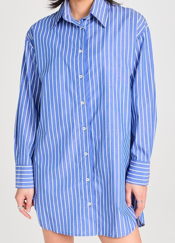 person wearing enza costa womens Cotton Poplin Mini Shirt Dress