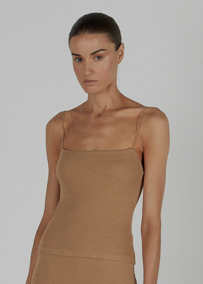 person wearing enza costa womens Puckered Knit Tank in Italian Clay