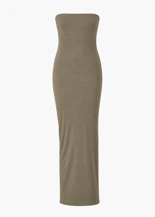 enza costa womens Silk Rib Strapless Midi Dress in Olive Oil