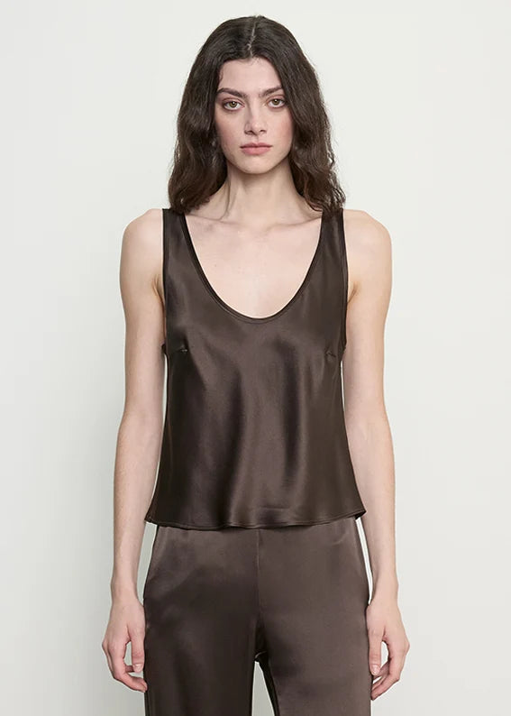 person wearing enza costa womens Silk Satin U Tank in Olive Bronze