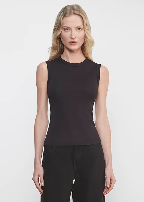 person wearing enza costa womens Supima Cotton New Classic Sleeveless Tee in Black