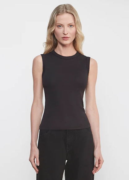 person wearing enza costa womens Supima Cotton New Classic Sleeveless Tee in Black