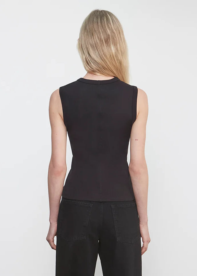 person wearing enza costa womens Supima Cotton New Classic Sleeveless Tee in Black
