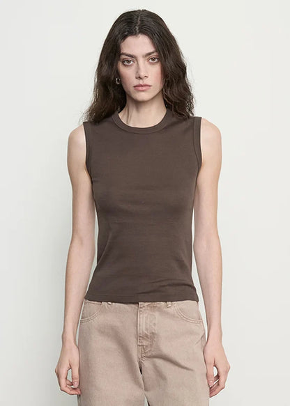 person wearing enza costa womens Supima Cotton New Classic Sleeveless Tee in Espresso