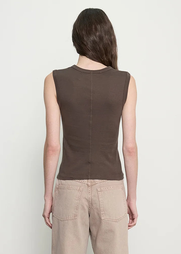 person wearing enza costa womens Supima Cotton New Classic Sleeveless Tee in Espresso