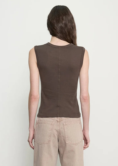 person wearing enza costa womens Supima Cotton New Classic Sleeveless Tee in Espresso