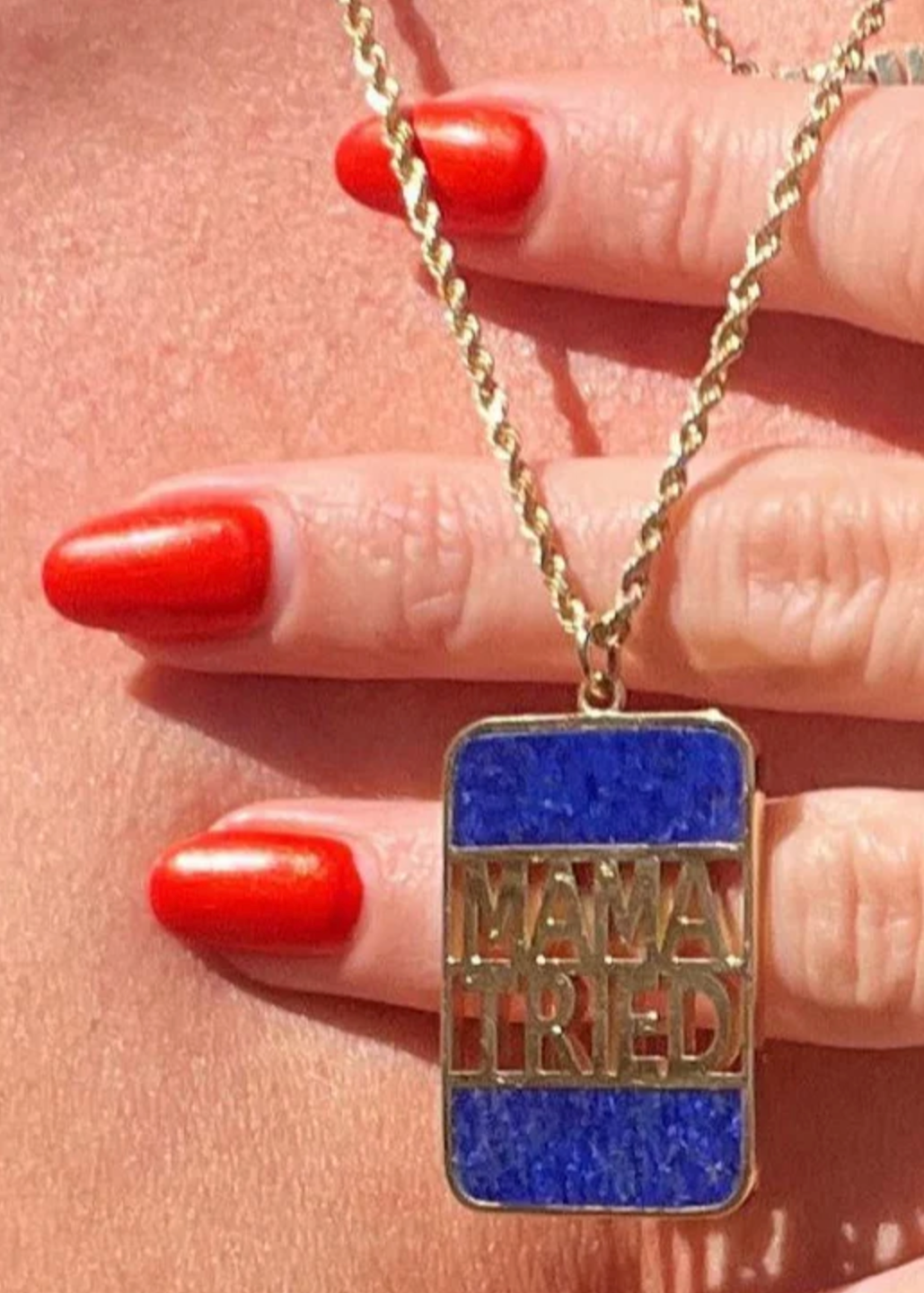 person wearing established jewelry 14k yellow gold Lapis lazuli Mama Tried XL Bank Necklace