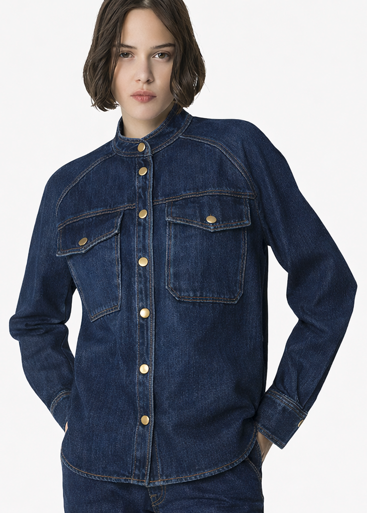 person wearing forte forte 14531_myshirt Mandarin Collar Shirt in Indigo Cavalry Denim