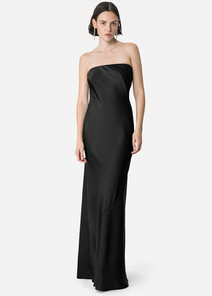 person wearing forte forte 14555 Column Dress in Noir Envers Satin