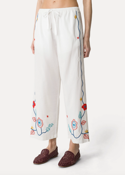 person wearing forte forte 14848 Poplin Trousers with “Broderie en Rêve” Embroidery
