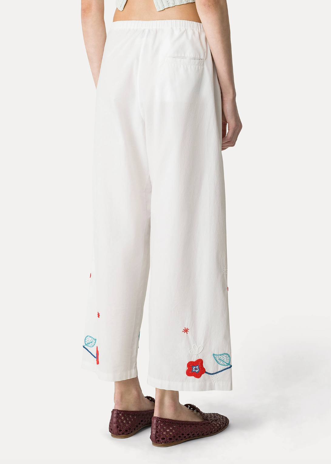person wearing forte forte 14848 Poplin Trousers with “Broderie en Rêve” Embroidery