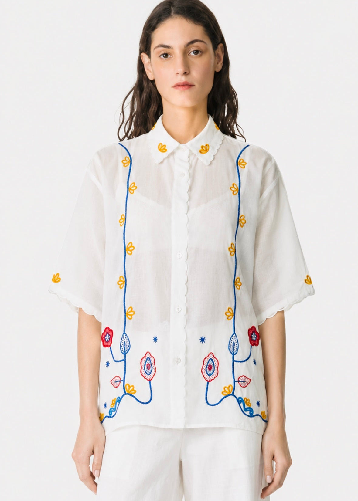 Person wearing forte forte 14852 my shirt Poplin Shirt with “Broderie en Rêve” Embroidery crystal white