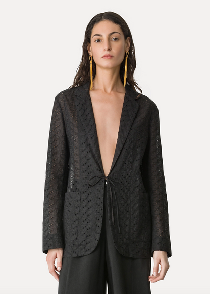 person wearing forte forte 14877 Muslin Jacket with “Broderie Anglaise” Embroidery Noir Black