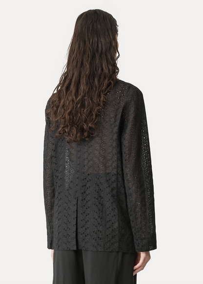 person wearing forte forte 14877 Muslin Jacket with “Broderie Anglaise” Embroidery Noir Black