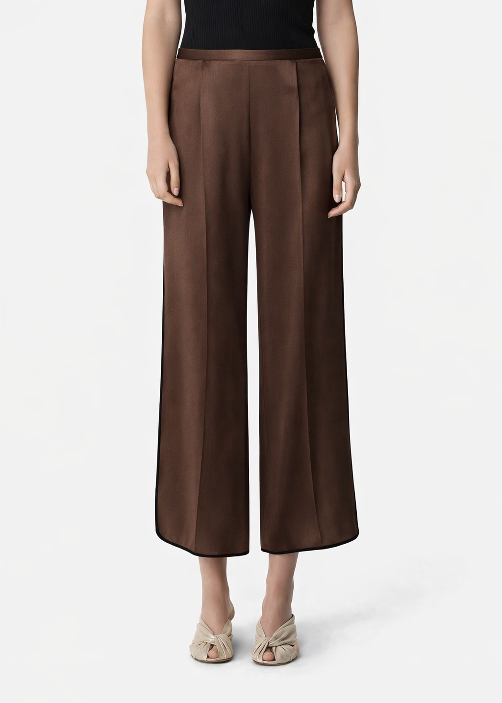 person wearing forte forte Cropped Trousers in Chocolate Envers Satin