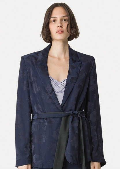 person wearing forte forte womens 14556 Jacquard Bouquet Jacket in Notte blue