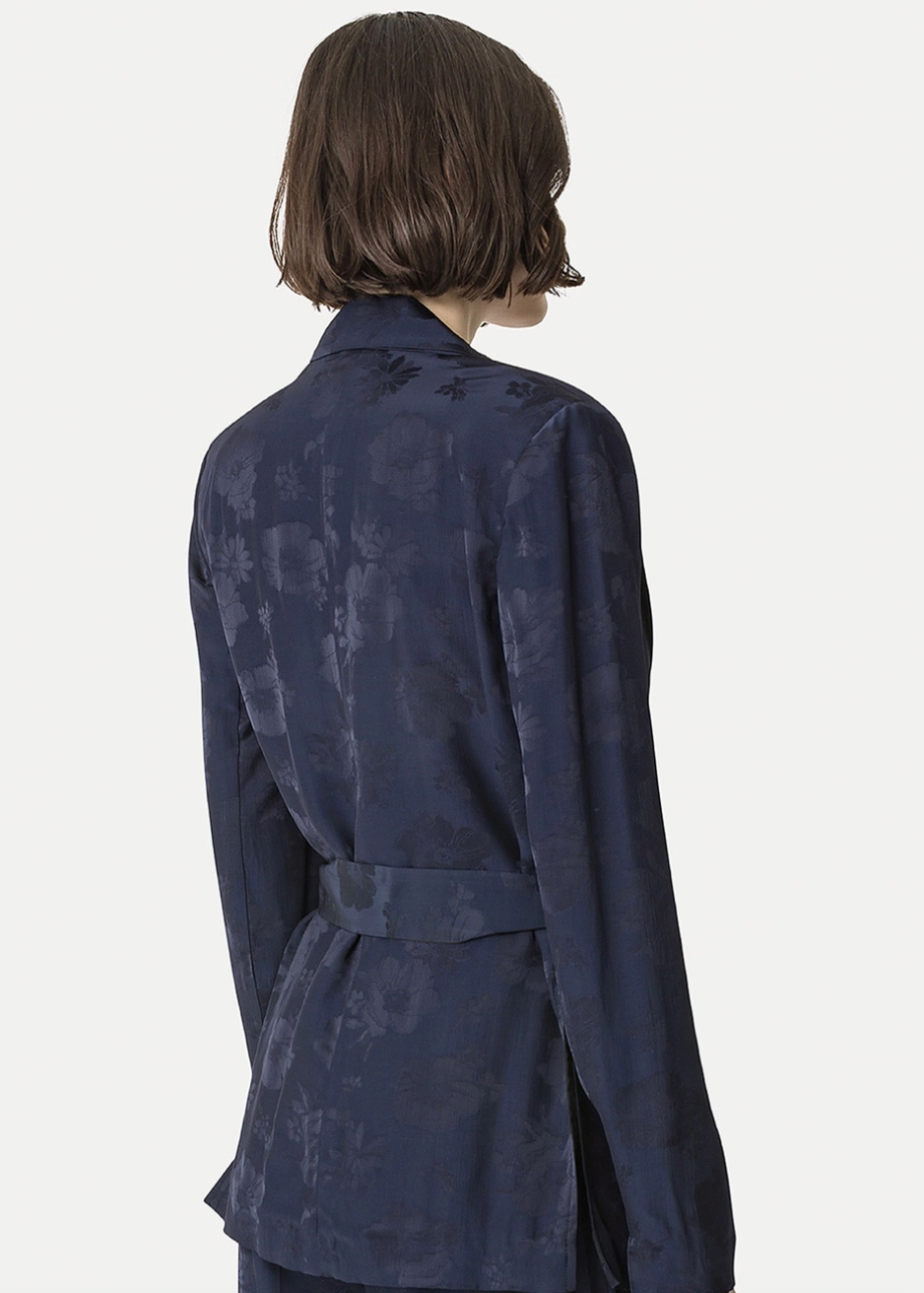 person wearing forte forte womens 14556 Jacquard Bouquet Jacket in Notte blue