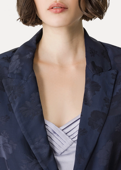 person wearing forte forte womens 14556 Jacquard Bouquet Jacket in Notte blue