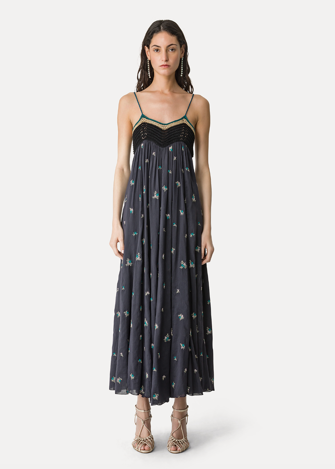person wearing forte forte womens 14874 Voile Bustier Dress with “Petites Fleurs” Embroidery
