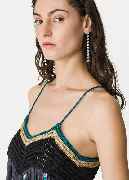 person wearing forte forte womens 14874 Voile Bustier Dress with “Petites Fleurs” Embroidery