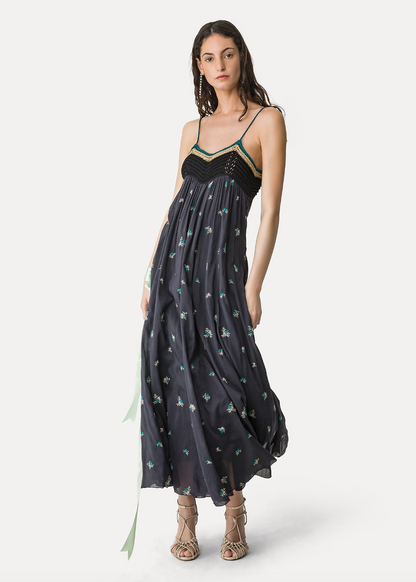 person wearing forte forte womens 14874 Voile Bustier Dress with “Petites Fleurs” Embroidery
