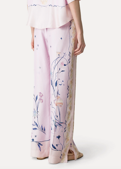 person wearing forte forte womens 14921 Deliverance Print Twill Stretch Trousers