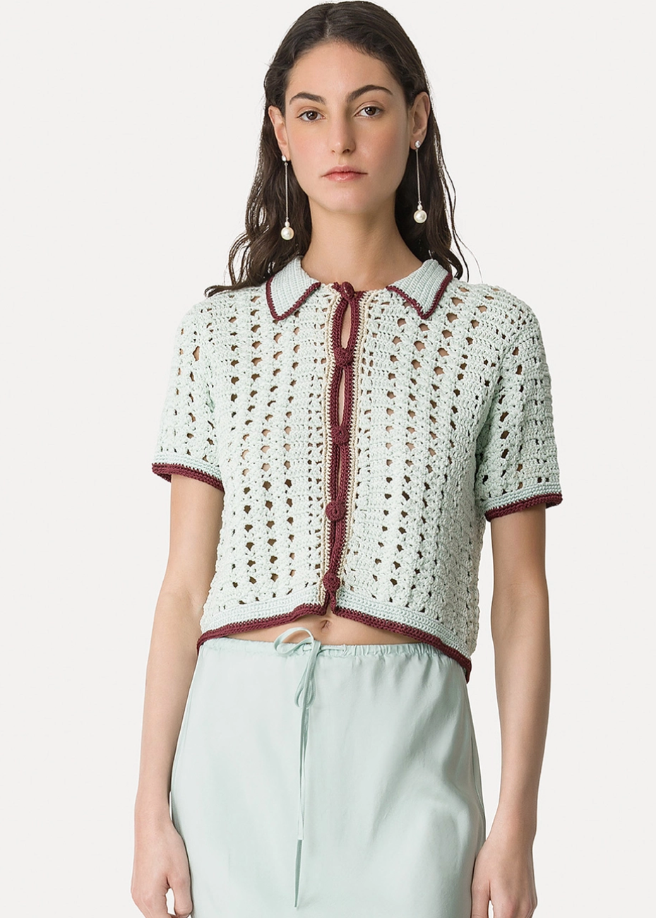 person wearing forte forte womens Cable' Luxe Handmade Crochet Polo Shirt 14933