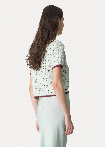 person wearing forte forte womens Cable' Luxe Handmade Crochet Polo Shirt 14933