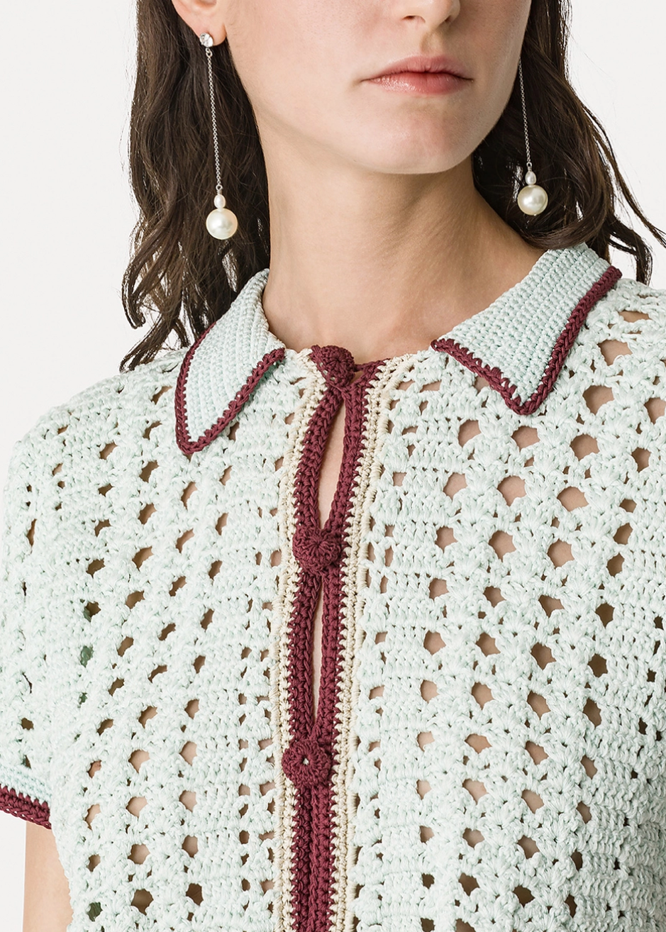 person wearing forte forte womens Cable' Luxe Handmade Crochet Polo Shirt 14933