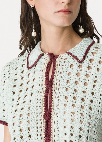 person wearing forte forte womens Cable' Luxe Handmade Crochet Polo Shirt 14933