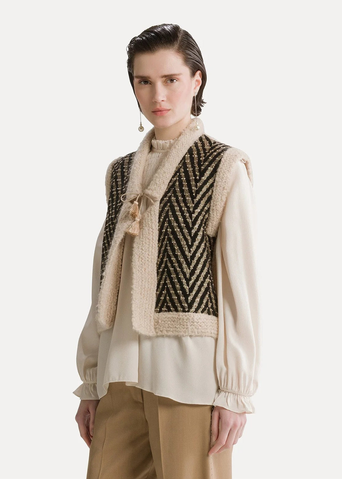 person wearing forte forte womens Chevron Jacquard Mix Knit Vest nero black