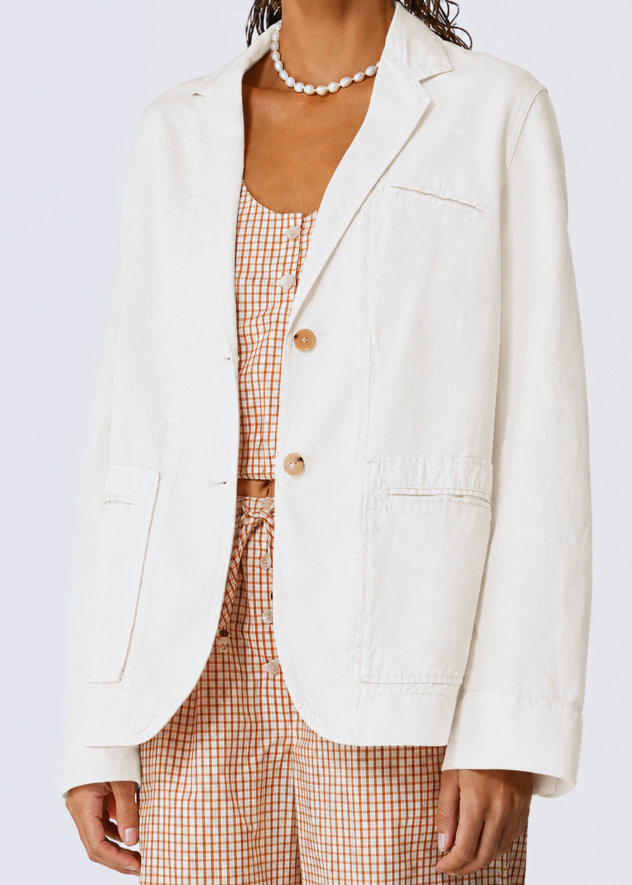 person wearing forte forte womens Cotton Gabardine Work Jacket puro white