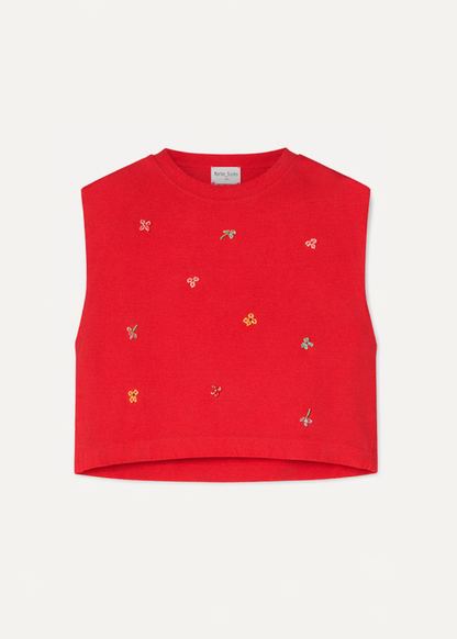 forte forte womens Cotton Jersey Top with “Petites Fleurs” Embroidery 14930bis rouge