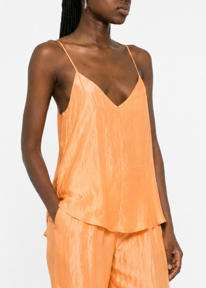 person wearing forte forte womens Crinkled Satin Top in Peach pesco