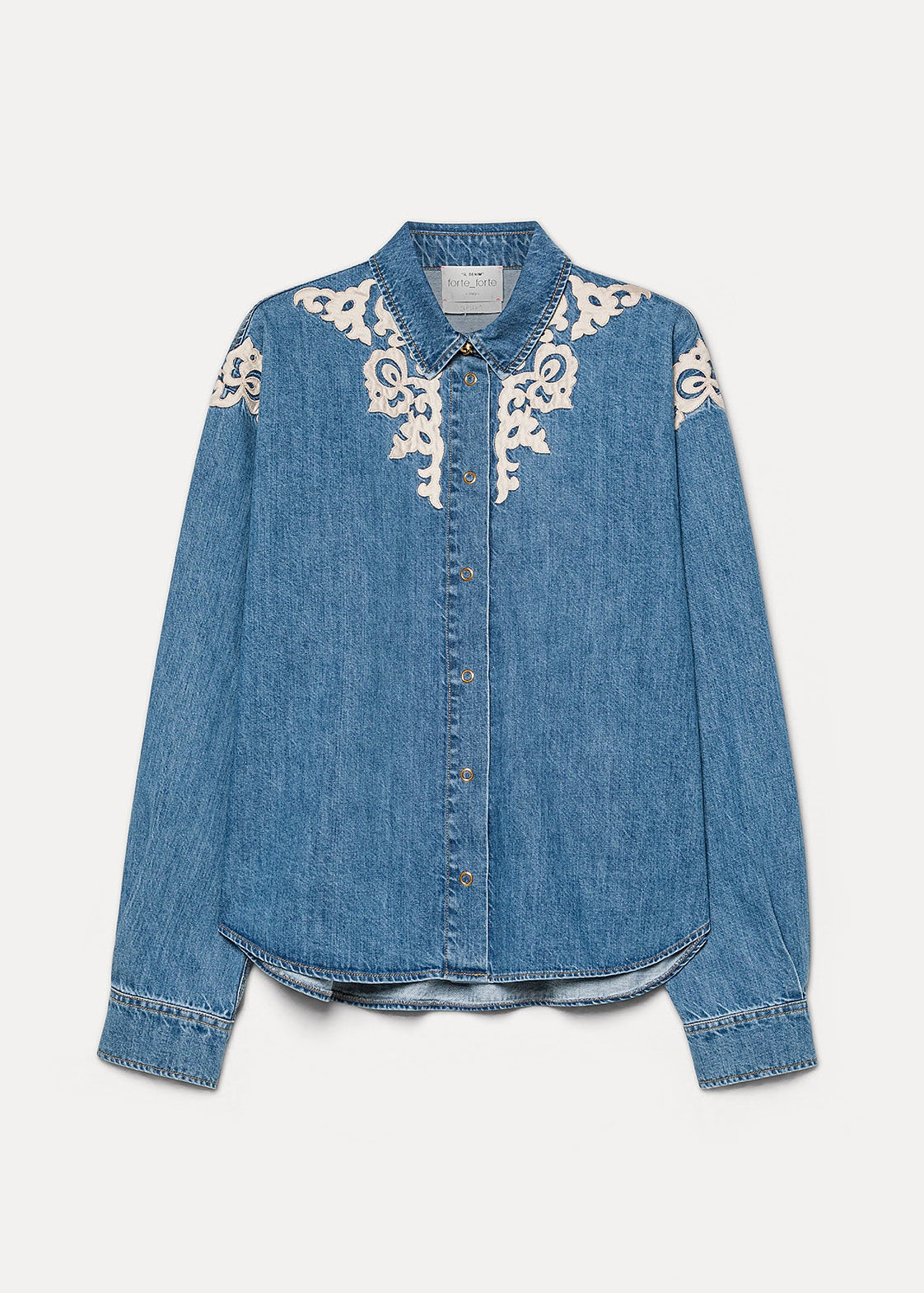 forte forte womens Embroidered Indigo Twill Boxy Shirt celeste wash denim