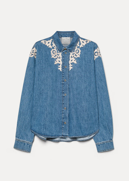 forte forte womens Embroidered Indigo Twill Boxy Shirt celeste wash denim