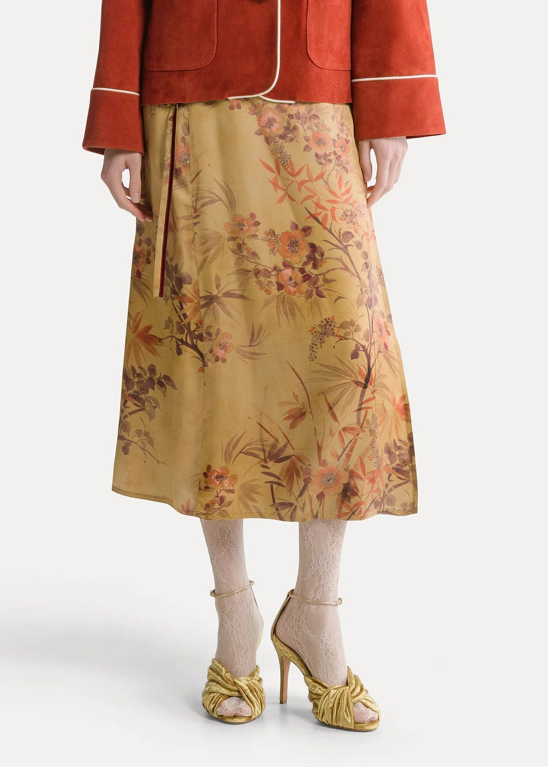 person wearing forte forte womens Le Bambou Secret Printed Satin Sarong Skirt