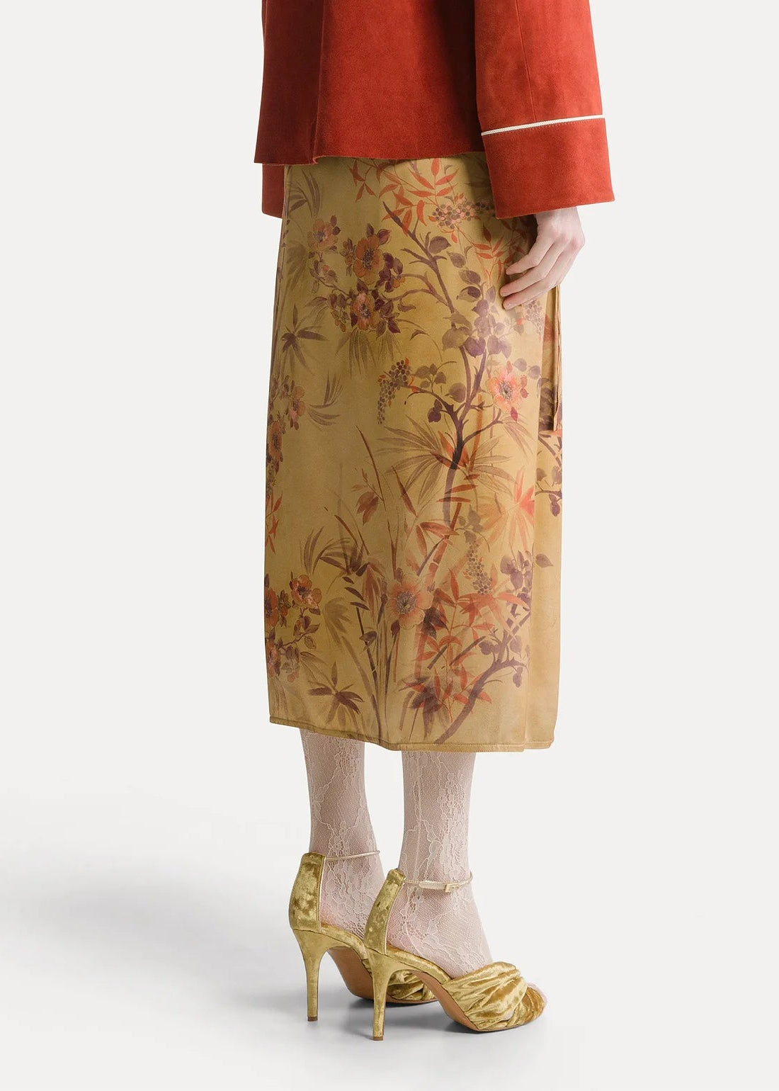 person wearing forte forte womens Le Bambou Secret Printed Satin Sarong Skirt