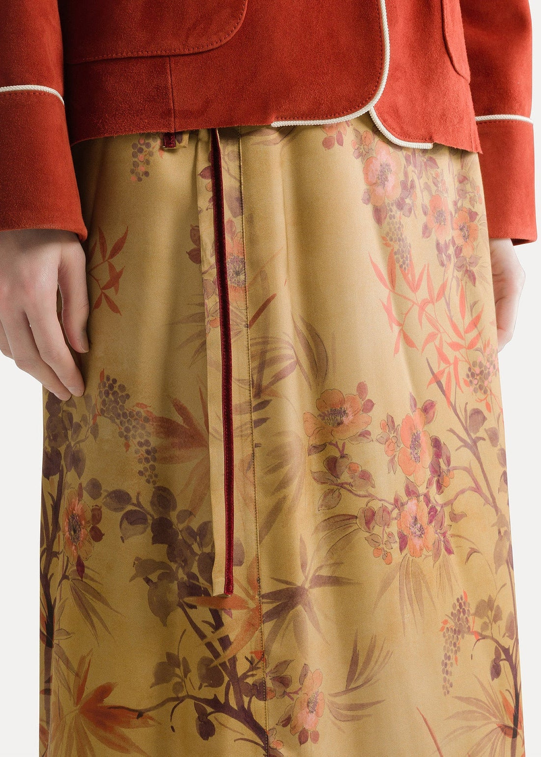 person wearing forte forte womens Le Bambou Secret Printed Satin Sarong Skirt