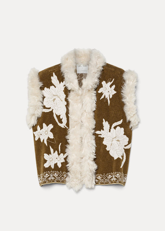 forte forte womens Lotus Floral Chenille Jacquard Eco Fur Vest