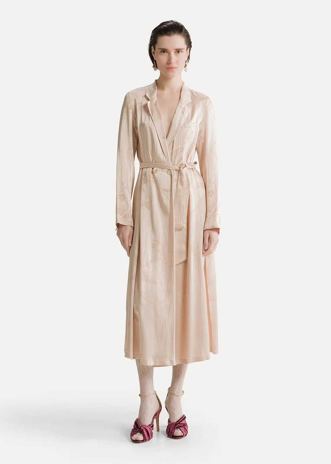 person wearing forte forte womens Lotus Floral Jacquard Wrap Midi Dress