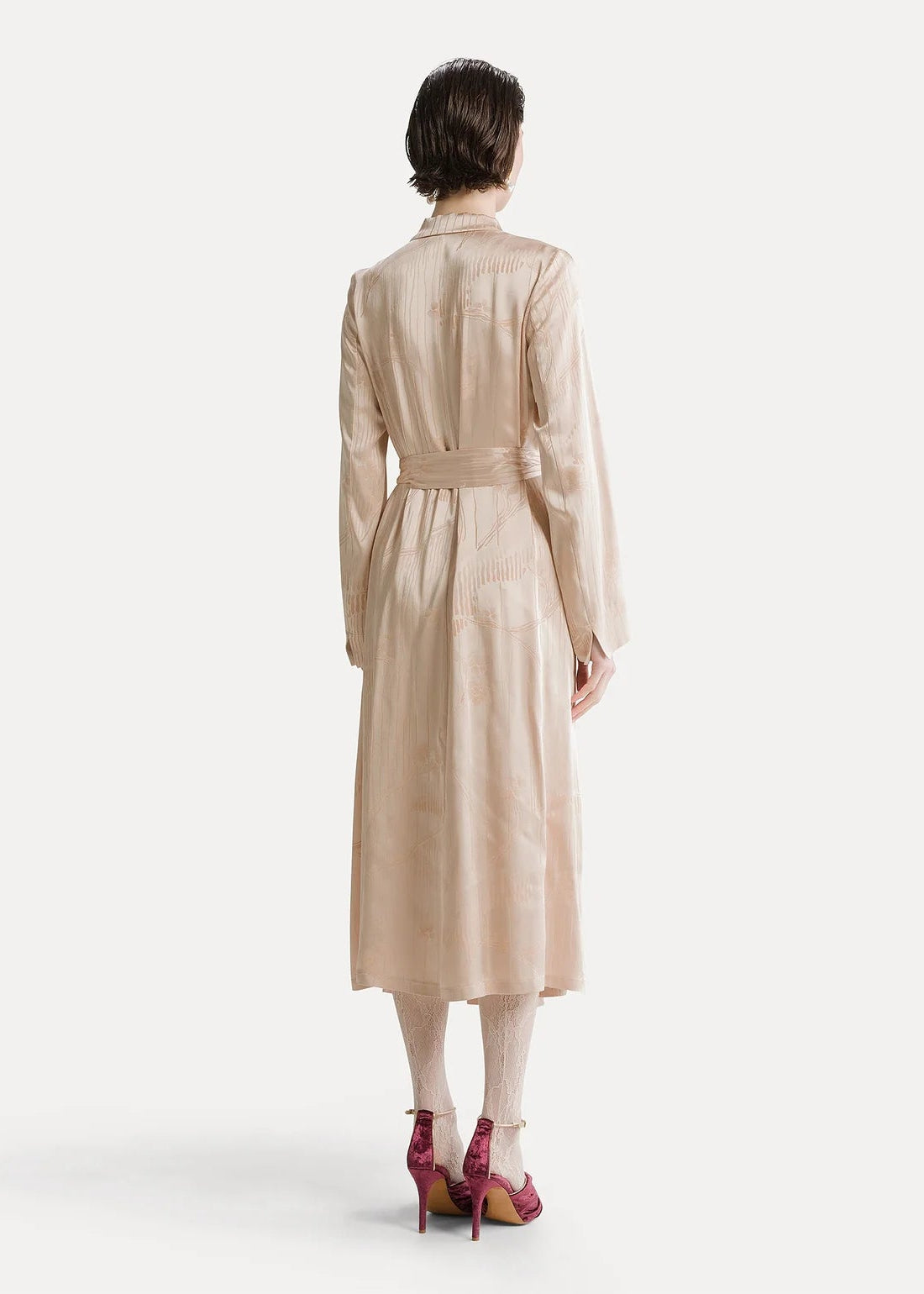 person wearing forte forte womens Lotus Floral Jacquard Wrap Midi Dress