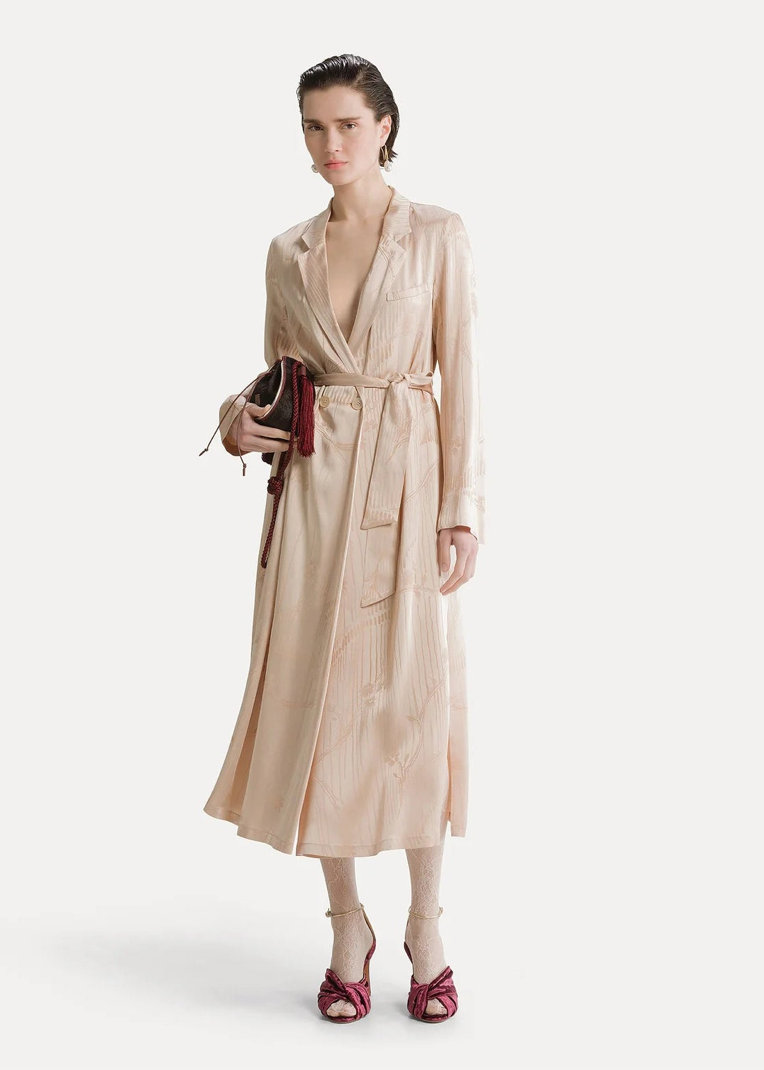 person wearing forte forte womens Lotus Floral Jacquard Wrap Midi Dress