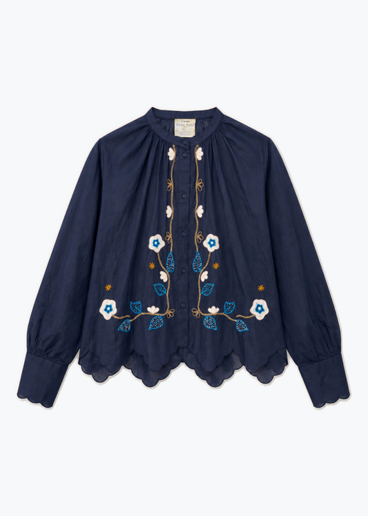 forte forte womens Midnight Poplin Shirt with “Broderie en Rêve” Embroidery navy midnight blue