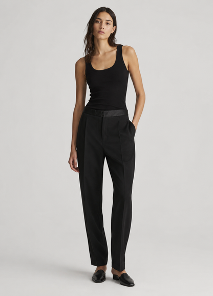 person wearing forte forte womens Stretch Cady Crepe Tuxedo Pants in Noir black