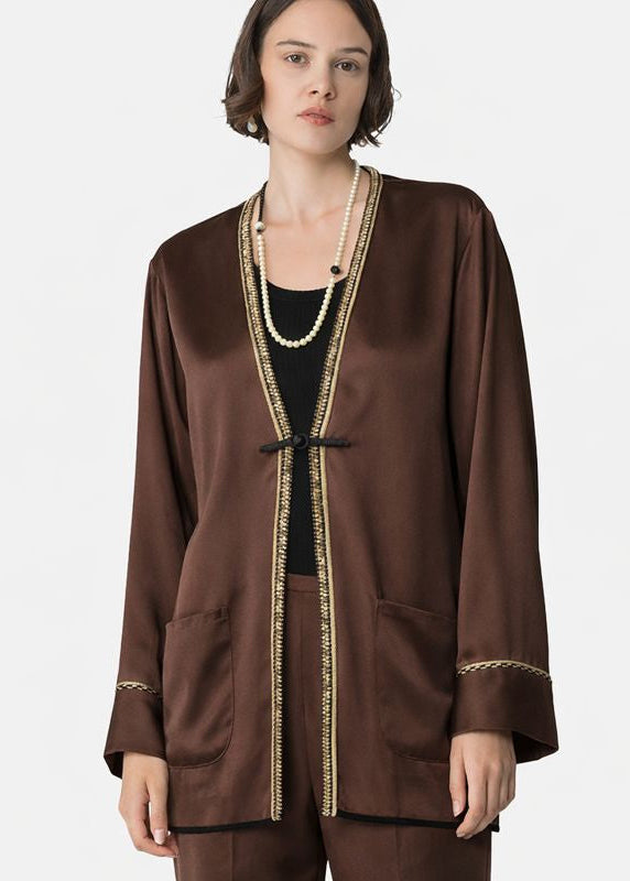 person wearing forte forte womens Tang-Style Jacket in Chocolate Envers Satin