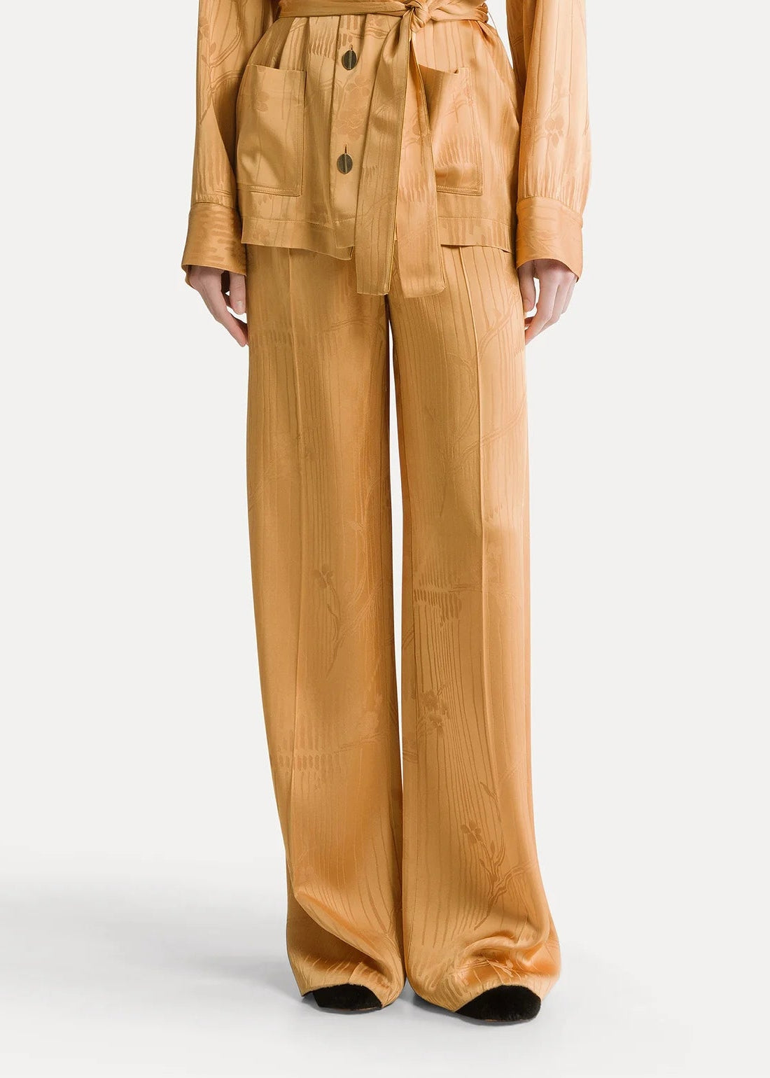 person wearing forte forte womens viscose Lotus Floral High-Waisted Jacquard Pants